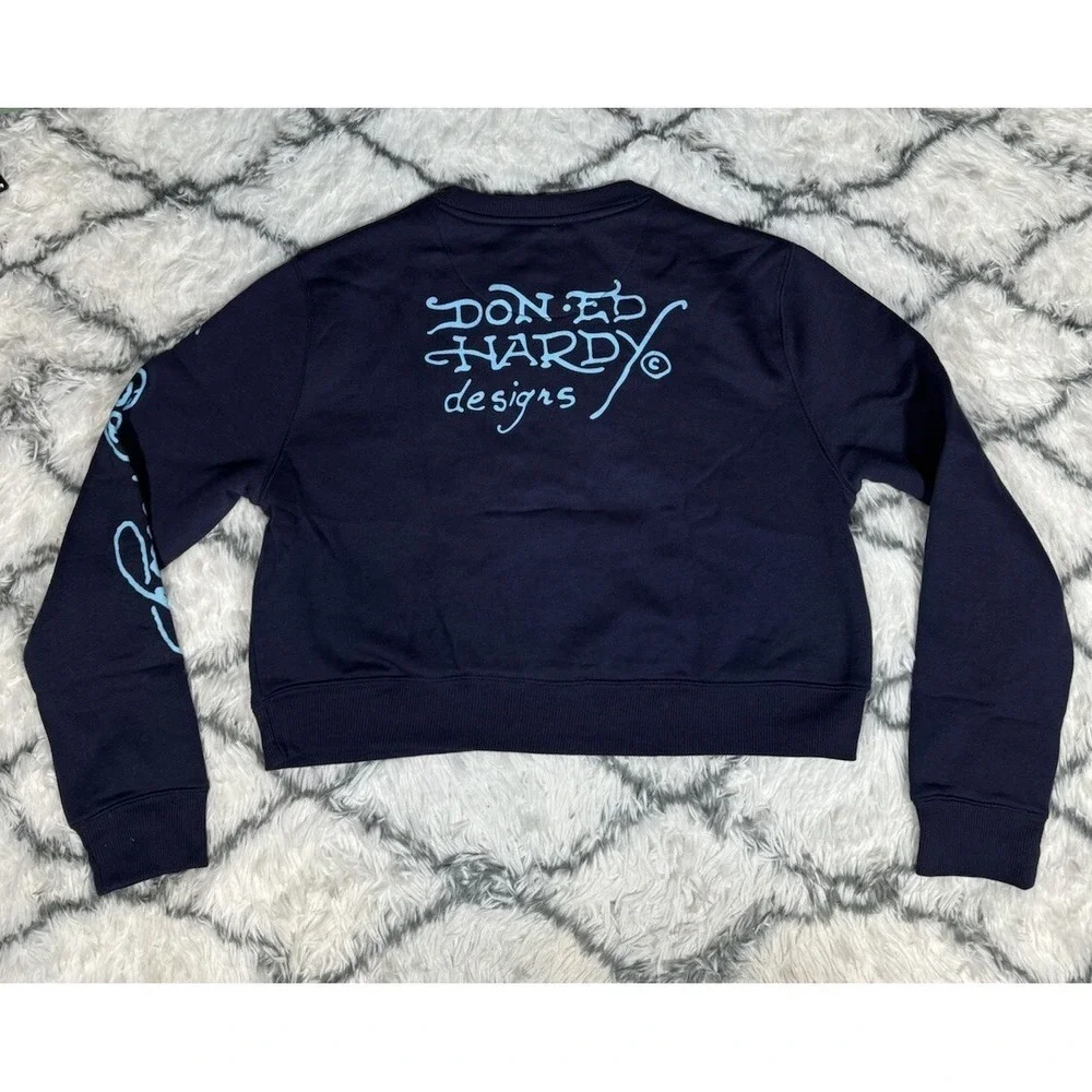 ED HARDY Koi Fish Cropped Pullover Sweater Fleece Navy Eclipse Womens Sz L *NEW*